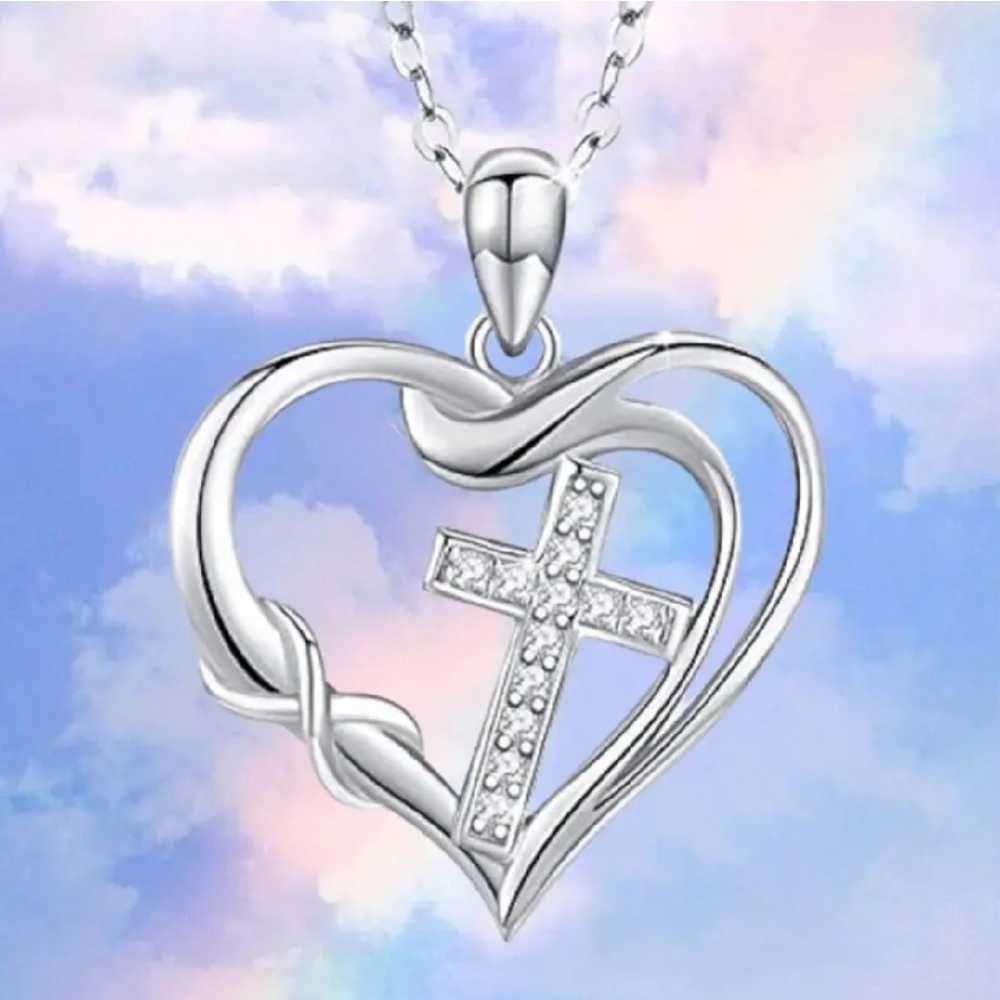 Elegant Silver Heart Necklace with Cross Pendant - Picture 4 of 4